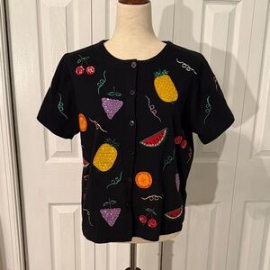 PUSHPA Fruit Embroidered Black Cardigan